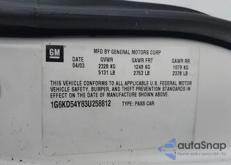 2003 Cadillac Deville Standard z USA, uszkodzony, nr VIN 1G6KD54Y83U258812